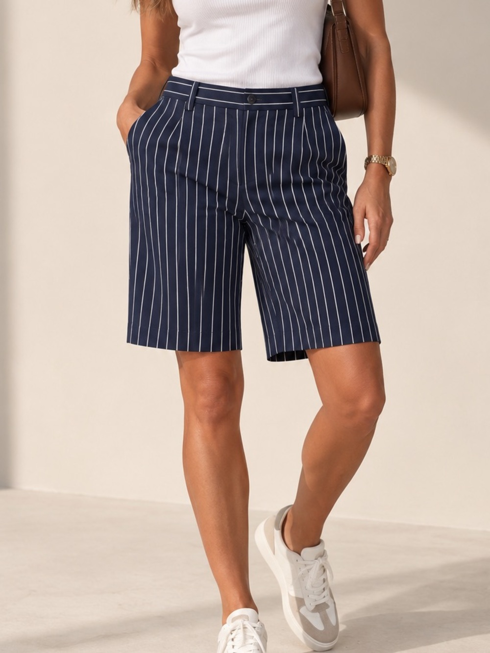 359. Lauren Ralph Lauren Navy Pinstripe Bermuda Shorts Size 14 Cotton